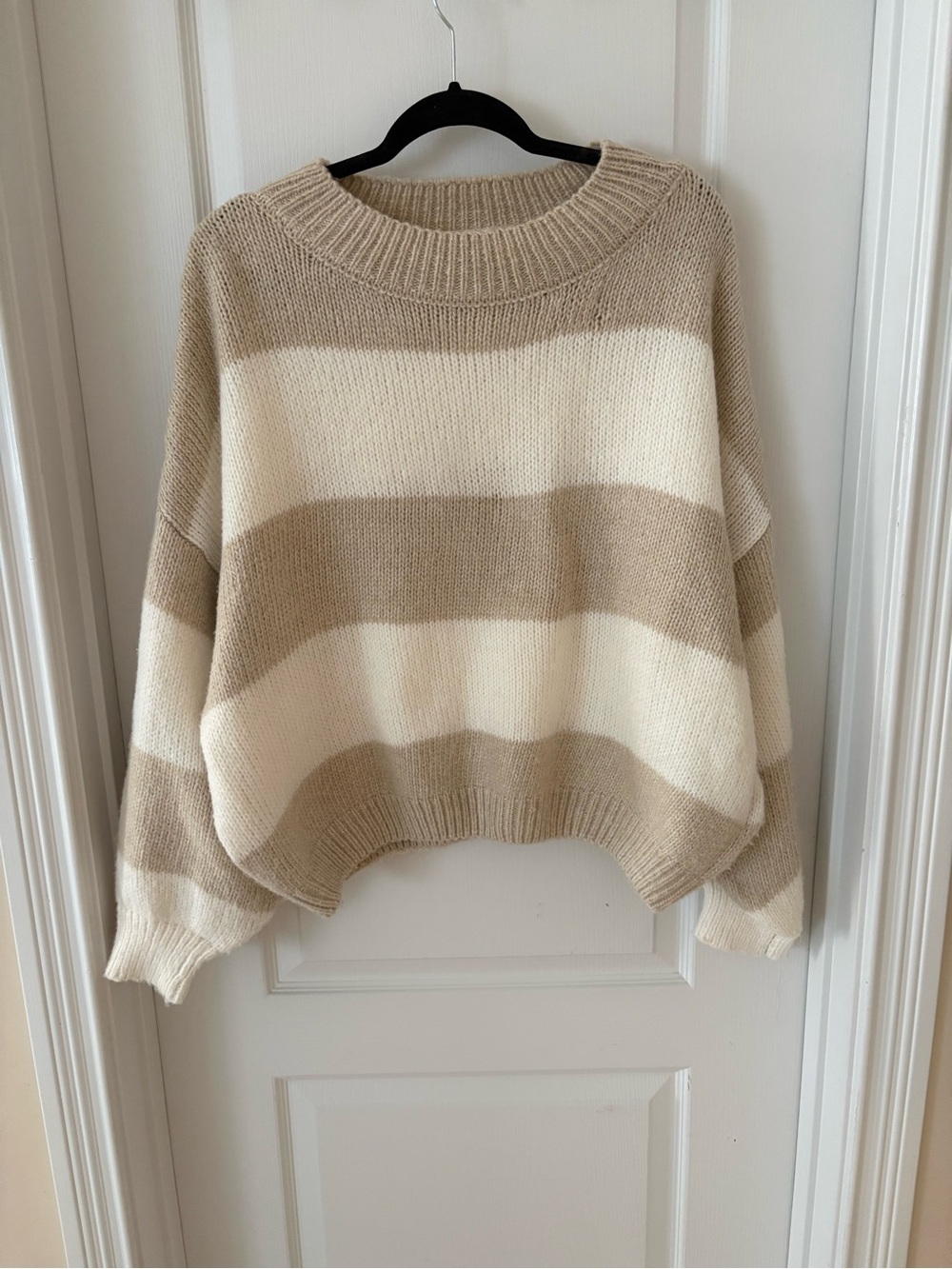 Hippie Rose Cream and Beige Striped Crewneck Sweater